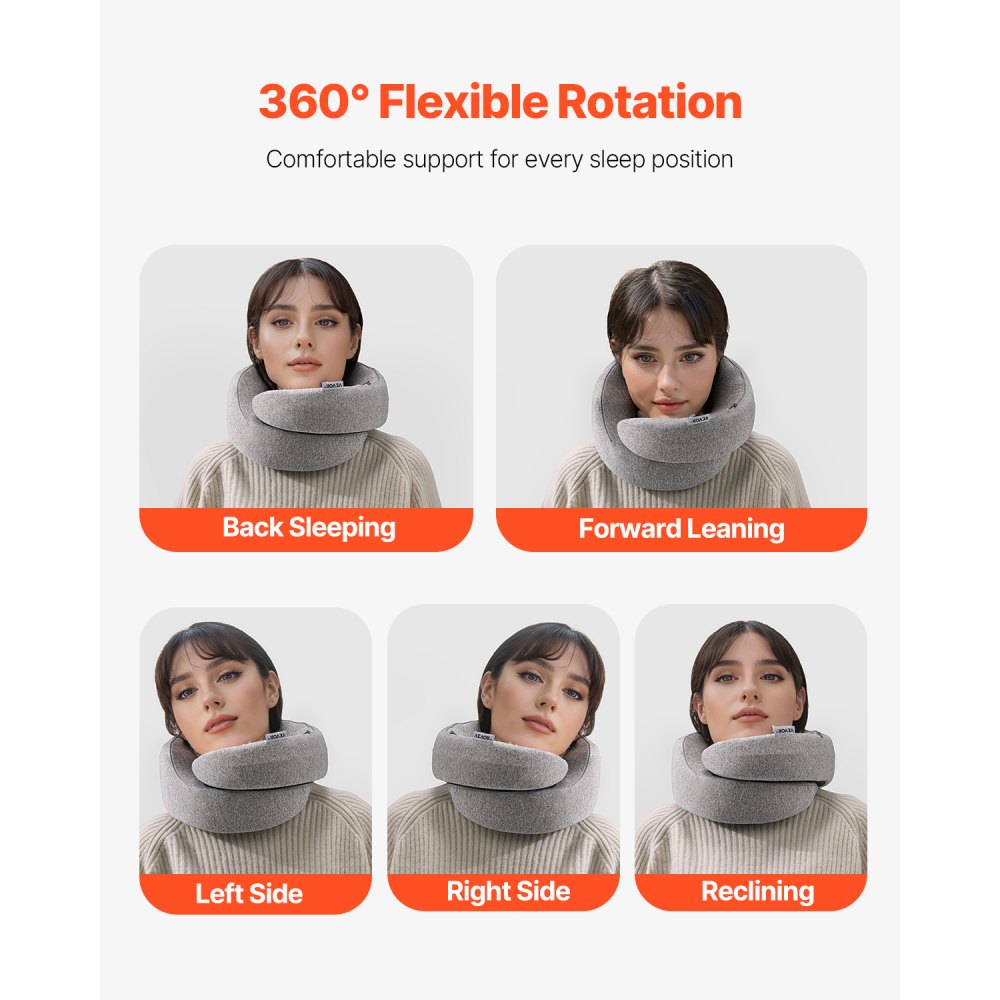 VEVOR Travel Pillow, Double-Layered 3D Support Neck Pillow for Traveling, 360° Flexible Rotation Upgraded Memory Foam Travel Neck Pillow with Eye Mask, Earplugs, Earplug Case, Storage Bag(Black-Gray)