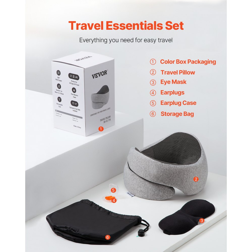 VEVOR Travel Pillow, Double-Layered 3D Support Neck Pillow for Traveling, 360° Flexible Rotation Upgraded Memory Foam Travel Neck Pillow with Eye Mask, Earplugs, Earplug Case, Storage Bag(Black-Gray)
