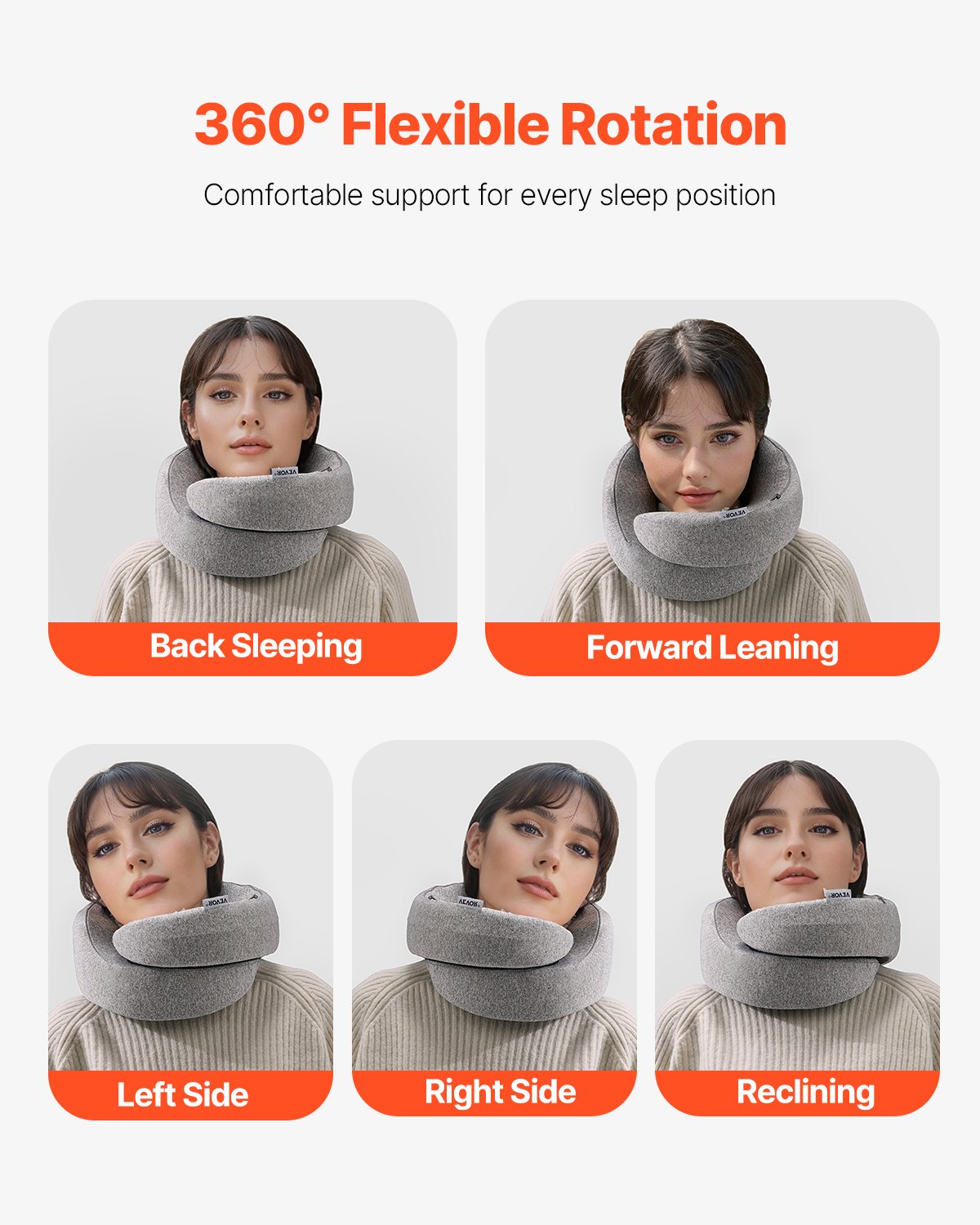 VEVOR Travel Pillow, Double-Layered 3D Support Neck Pillow for Traveling, 360° Flexible Rotation Upgraded Memory Foam Travel Neck Pillow with Eye Mask, Earplugs, Earplug Case, Storage Bag(Black-Gray)