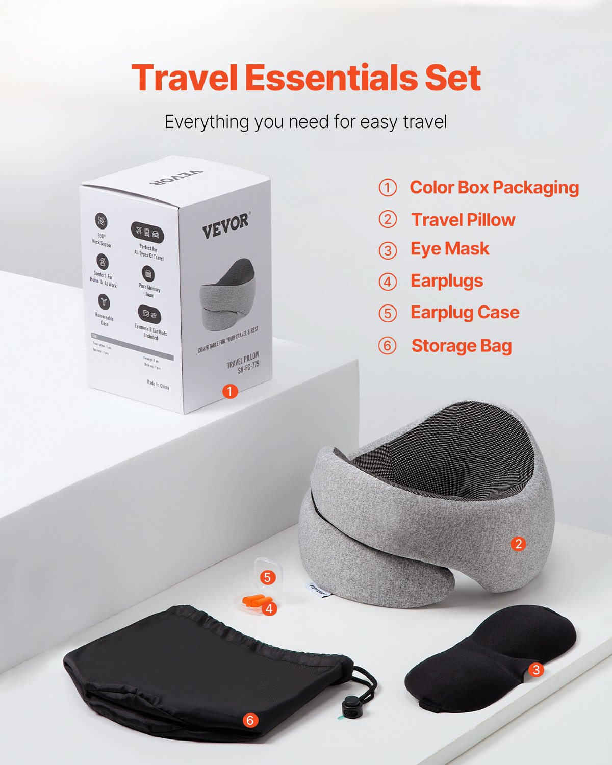 VEVOR Travel Pillow, Double-Layered 3D Support Neck Pillow for Traveling, 360° Flexible Rotation Upgraded Memory Foam Travel Neck Pillow with Eye Mask, Earplugs, Earplug Case, Storage Bag(Black-Gray)