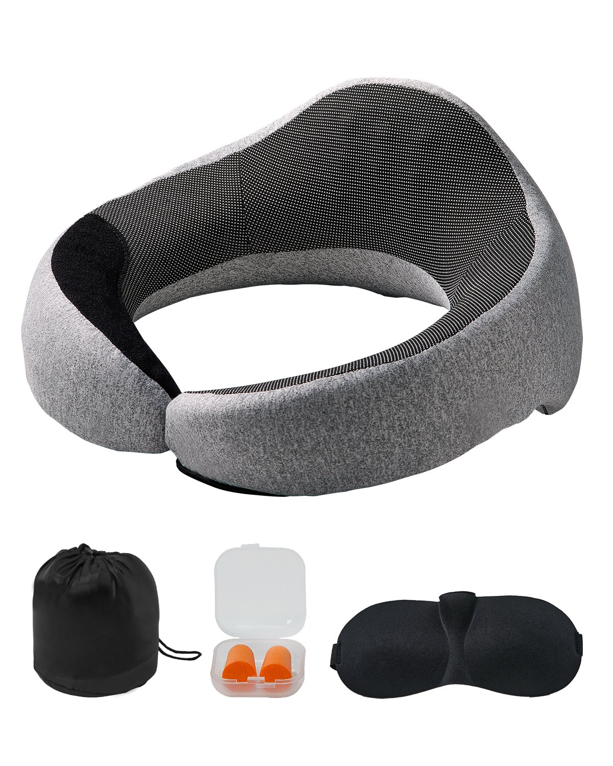VEVOR Travel Pillow, Double-Layered 3D Support Neck Pillow for Traveling, 360° Flexible Rotation Upgraded Memory Foam Travel Neck Pillow with Eye Mask, Earplugs, Earplug Case, Storage Bag(Black-Gray)