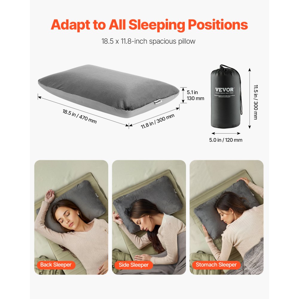 VEVOR Camping Pillow, Memory Foam Travel Pillow with Double-Sided Cover, Portable Backpacking Pillows with Removable & Washable Cover and Storage Bag, Perfect for Camping, Air Travel, Hiking, Office