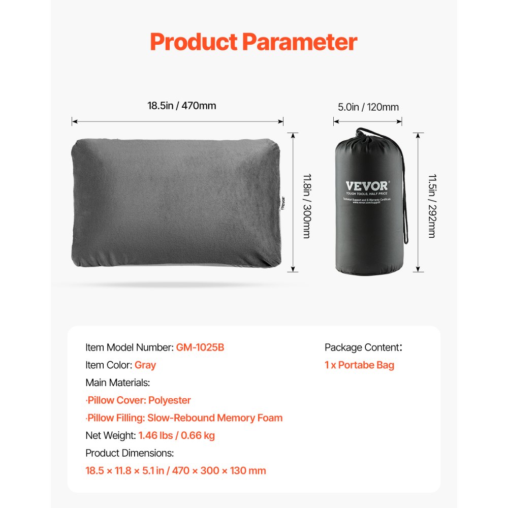 VEVOR Camping Pillow, Memory Foam Travel Pillow with Double-Sided Cover, Portable Backpacking Pillows with Removable & Washable Cover and Storage Bag, Perfect for Camping, Air Travel, Hiking, Office