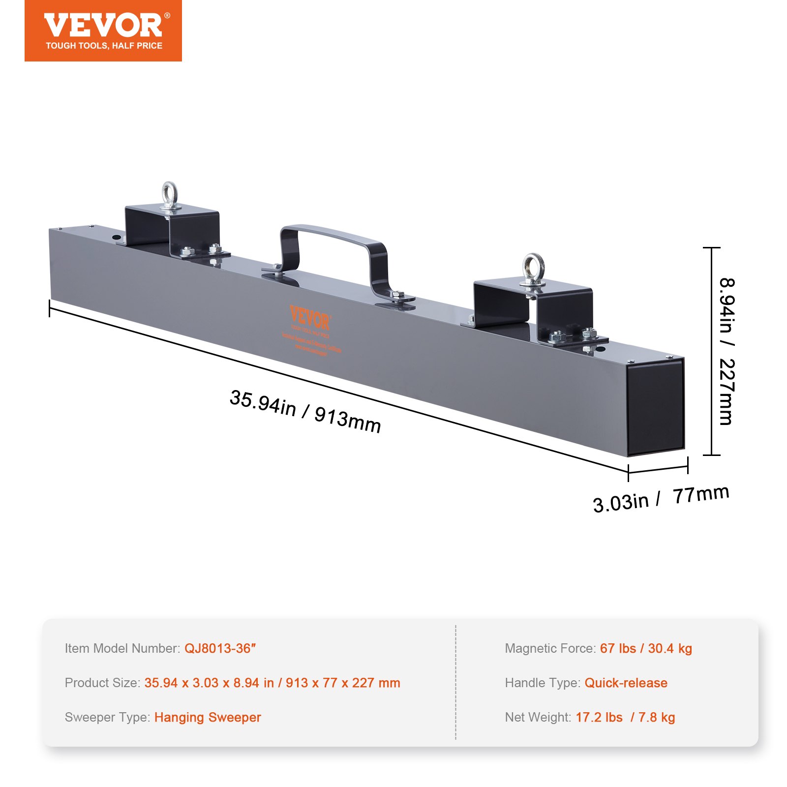 VEVOR Hanging Magnetic Sweeper 36inch Heavy-Duty Magnet Sweeper, Nail Magnet Sweeping Tool with 56 LBS Lifting Capacity, 2 Eye-Bolts Forklift Magnetic Sweeper Unit, Hanging Magnet for Forklift