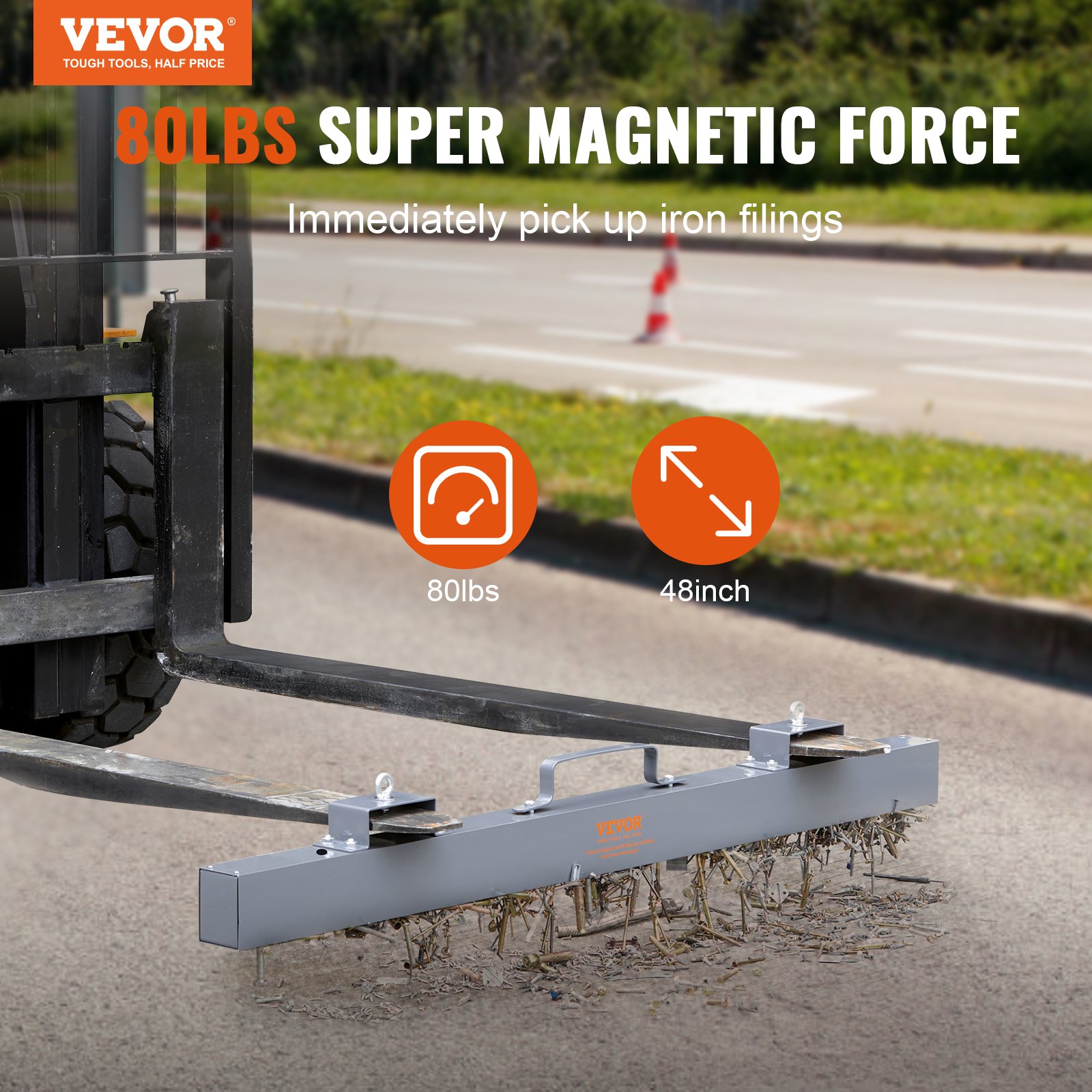 VEVOR Hanging Magnetic Magnet Sweeper 48 inch Magnet Sweeper 67 LBS Magnetic Forklift Sweeper Industrial Magnets Steel Material Hunting Accessories for Picking Up Nails, Bolts, Iron Chips