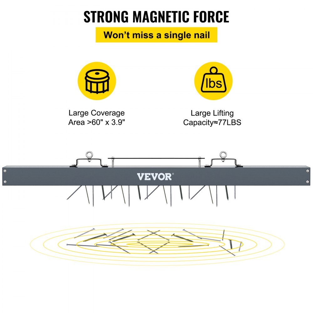 VEVOR Hanging Magnet Magnetic Sweeper Tool 60" for Picking Up Nail, Bolt,Screw