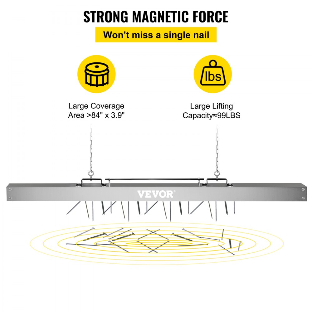 VEVOR Hanging Magnetic Sweeper 84inch Magnet Fork Sweeper 99LBS Magnetic Sweeper Aluminium Surface Industrial Magnets Steel Material Hunting Accessories for Picking Up Nails, Bolts, Iron Chips