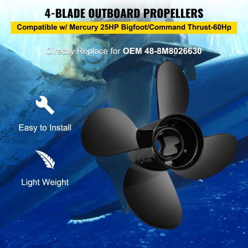 VEVOR Outboard Propeller, Replace for OEM 48-8M8026630, 4-Blade 10.3" x 13" Aluminum Boat Propeller, Compatible w/Mercury Mariner 25HP Bigfoot/Command Thrust 60Hp Outboard, 13 Tooth Splines, RH
