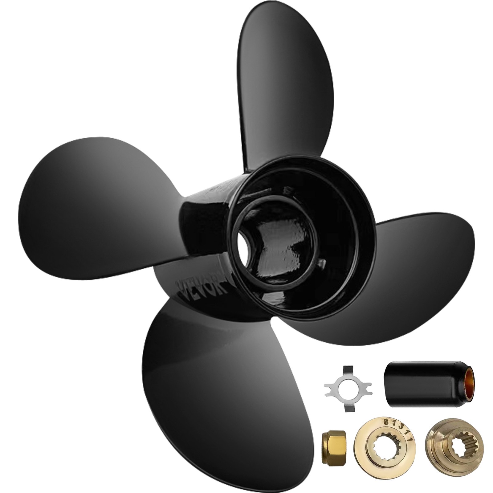 black VEVOR outboard propeller with four blades and stainless steel components separately shown.