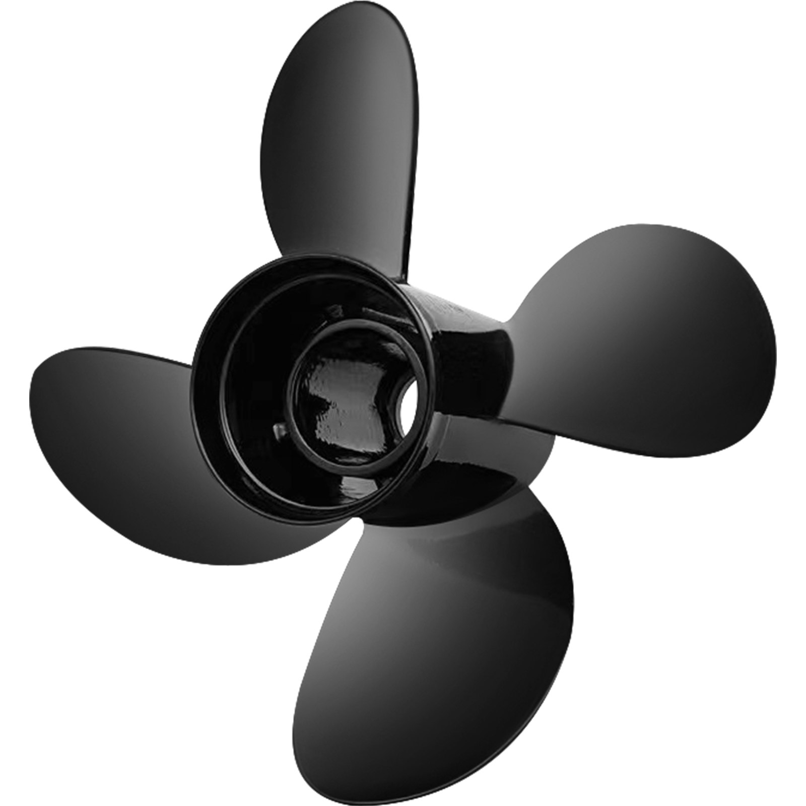 black four-blade VEVOR outboard propeller in a sleek, glossy finish.