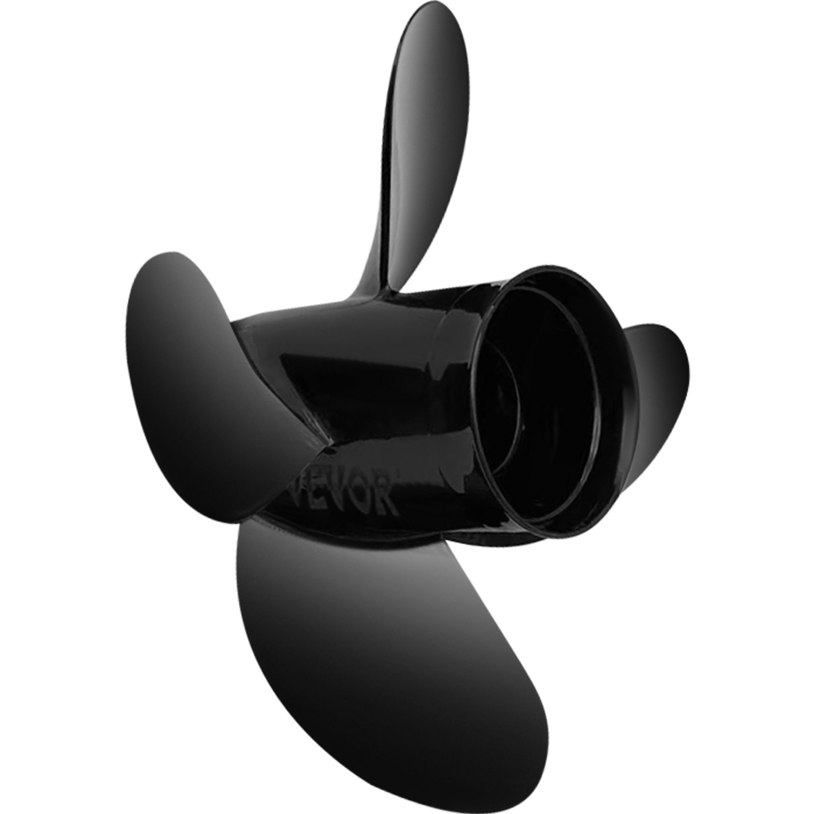 black VEVOR outboard propeller with three blades, shiny finish, and modern design.