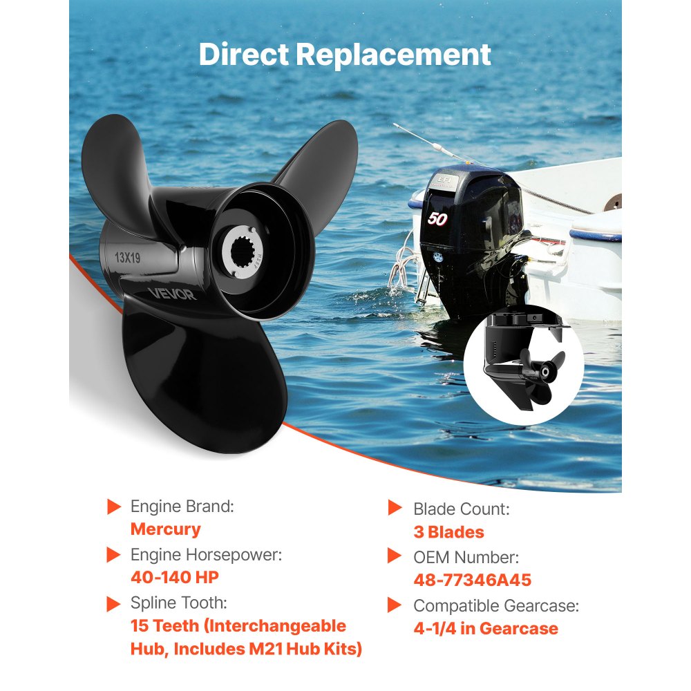 VEVOR Outboard Propeller, Upgrade OEM 15 Spline Tooth Aluminum Outboard Boat Propeller Fit Mercury Engines 40-140 HP, 4-1/4" Gearcase, 3-Blade, RH (Right Hand Rotation), OEM Parts No. 48-77346A45
