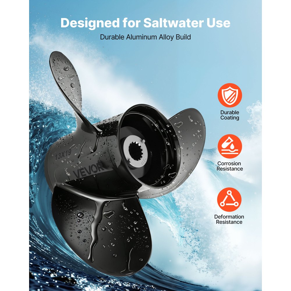 VEVOR Outboard Propeller, Upgrade OEM 15 Spline Tooth Aluminum Outboard Boat Propeller Fit Mercury Engines 40-140 HP, 4-1/4" Gearcase, 3-Blade, RH (Right Hand Rotation), OEM Parts No. 48-77346A45