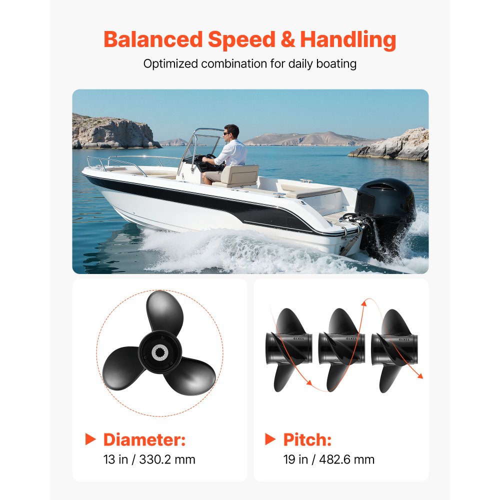 VEVOR Outboard Propeller, Upgrade OEM 15 Spline Tooth Aluminum Outboard Boat Propeller Fit Mercury Engines 40-140 HP, 4-1/4" Gearcase, 3-Blade, RH (Right Hand Rotation), OEM Parts No. 48-77346A45