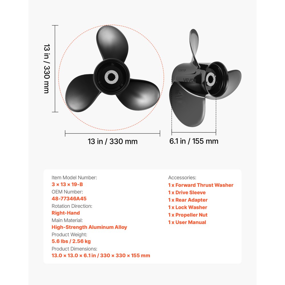 VEVOR Outboard Propeller, Upgrade OEM 15 Spline Tooth Aluminum Outboard Boat Propeller Fit Mercury Engines 40-140 HP, 4-1/4" Gearcase, 3-Blade, RH (Right Hand Rotation), OEM Parts No. 48-77346A45