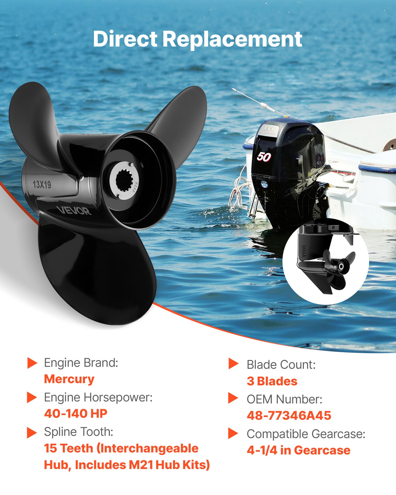 VEVOR Outboard Propeller, Upgrade OEM 15 Spline Tooth Aluminum Outboard Boat Propeller Fit Mercury Engines 40-140 HP, 4-1/4" Gearcase, 3-Blade, RH (Right Hand Rotation), OEM Parts No. 48-77346A45