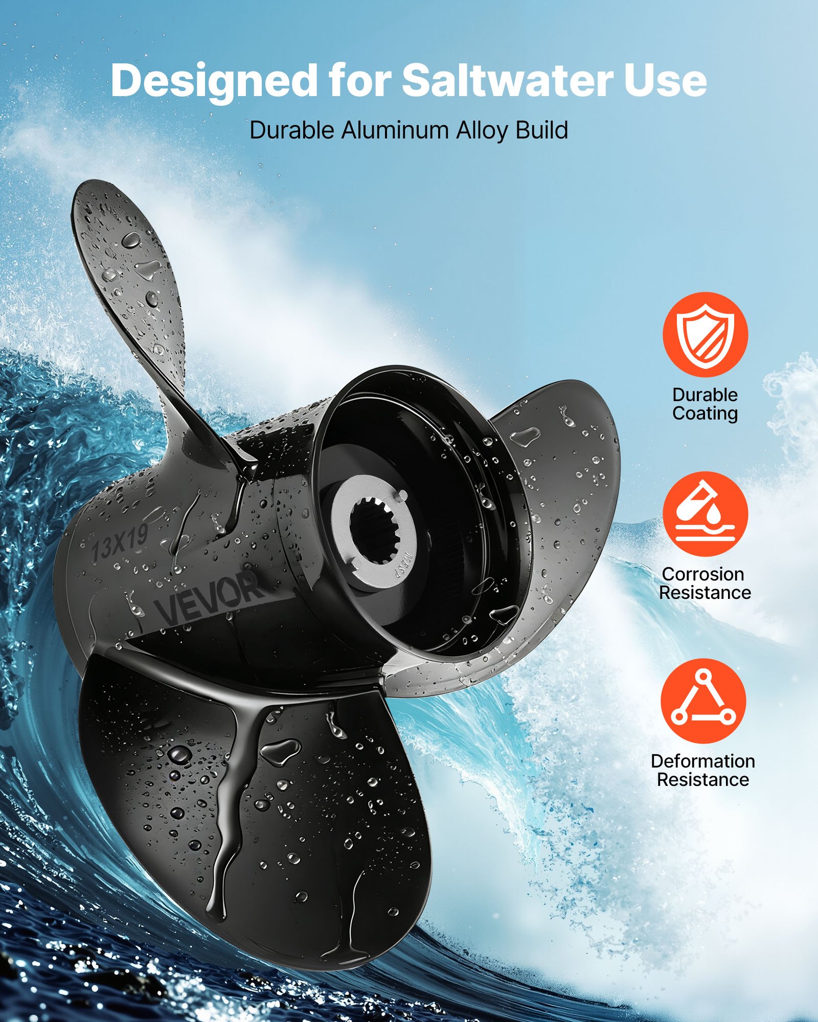 VEVOR Outboard Propeller, Upgrade OEM 15 Spline Tooth Aluminum Outboard Boat Propeller Fit Mercury Engines 40-140 HP, 4-1/4" Gearcase, 3-Blade, RH (Right Hand Rotation), OEM Parts No. 48-77346A45