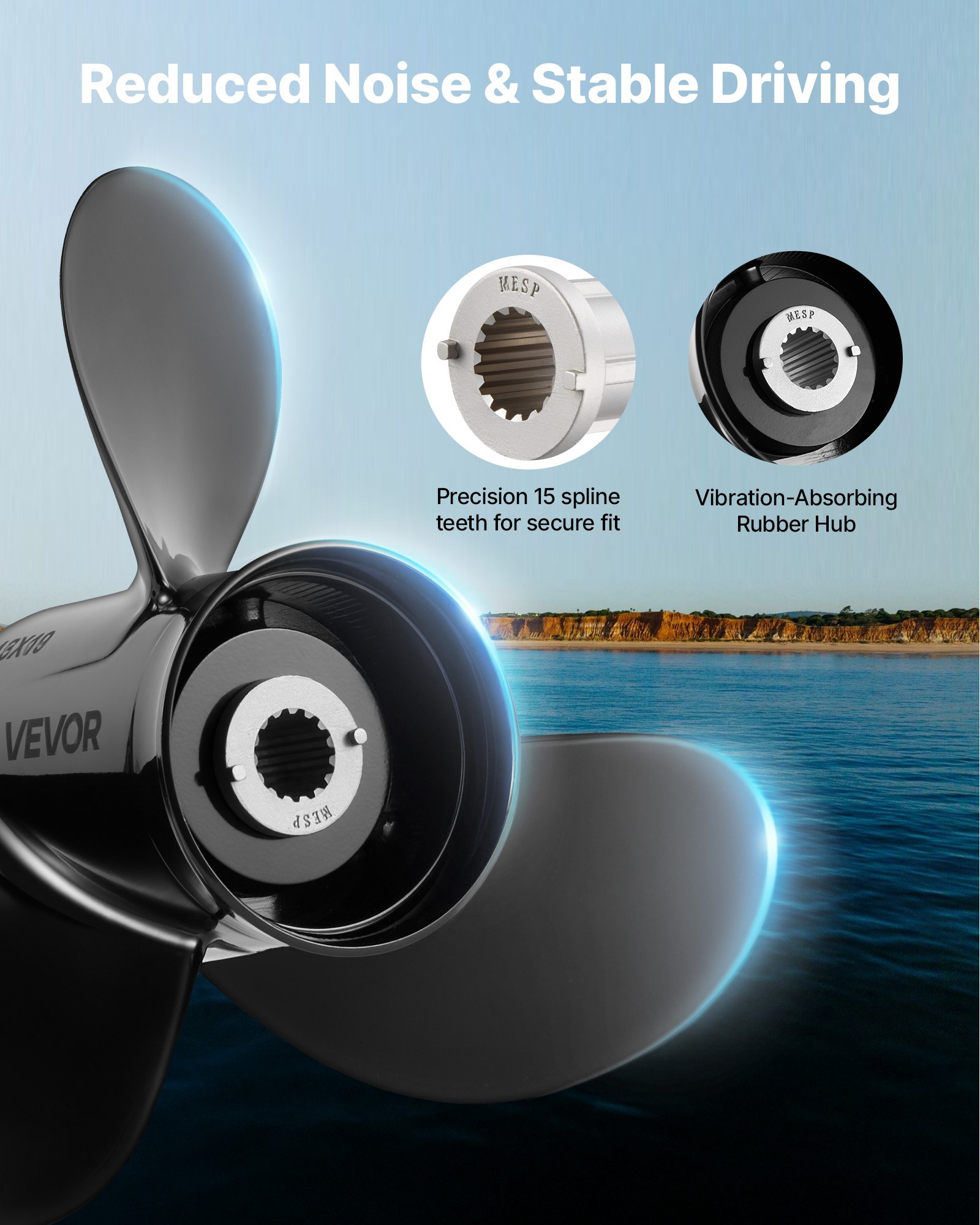 VEVOR Outboard Propeller, Upgrade OEM 15 Spline Tooth Aluminum Outboard Boat Propeller Fit Mercury Engines 40-140 HP, 4-1/4" Gearcase, 3-Blade, RH (Right Hand Rotation), OEM Parts No. 48-77346A45