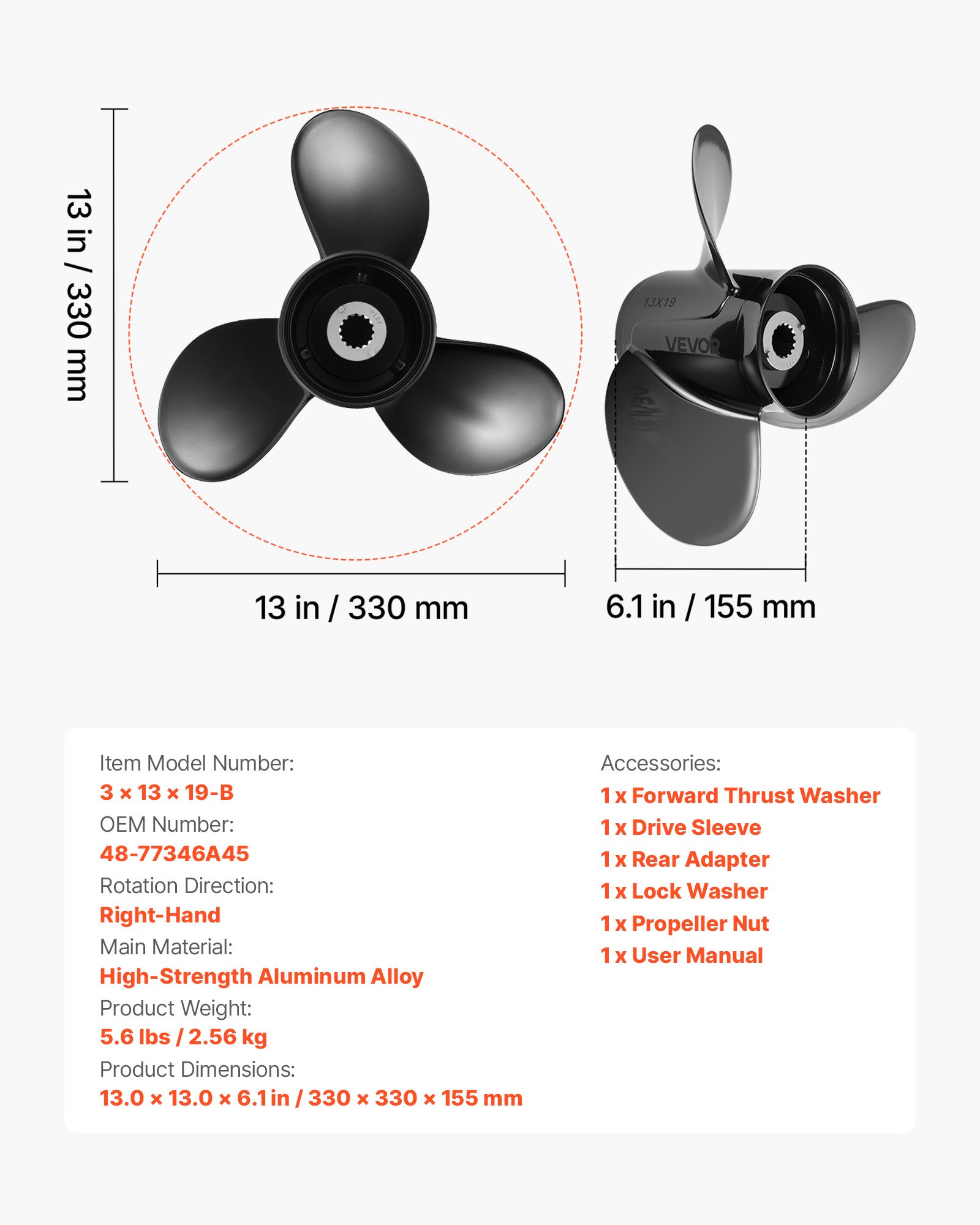 VEVOR Outboard Propeller, Upgrade OEM 15 Spline Tooth Aluminum Outboard Boat Propeller Fit Mercury Engines 40-140 HP, 4-1/4" Gearcase, 3-Blade, RH (Right Hand Rotation), OEM Parts No. 48-77346A45