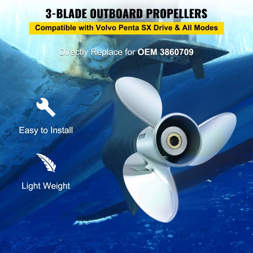VEVOR Outboard Propeller, Replace for OEM 3860709, 3-Blade 14.5" x 21" Pitch Steel Boat Propeller, Compatible with Volvo Penta SX Drive All Models, w/ 19 Tooth Splines, RH