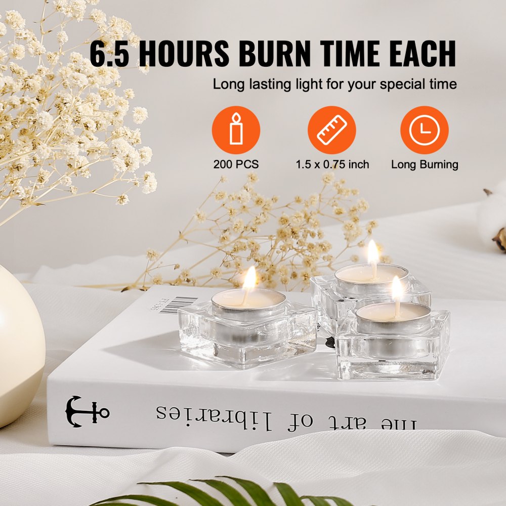 VEVOR - Paquete de 200 velas de té sin aroma, 6,5 horas de duración, sin humo, sin goteo, con vasos de aluminio, velas votivas de cera de palma natural para el hogar, bodas y Navidad, color blanco