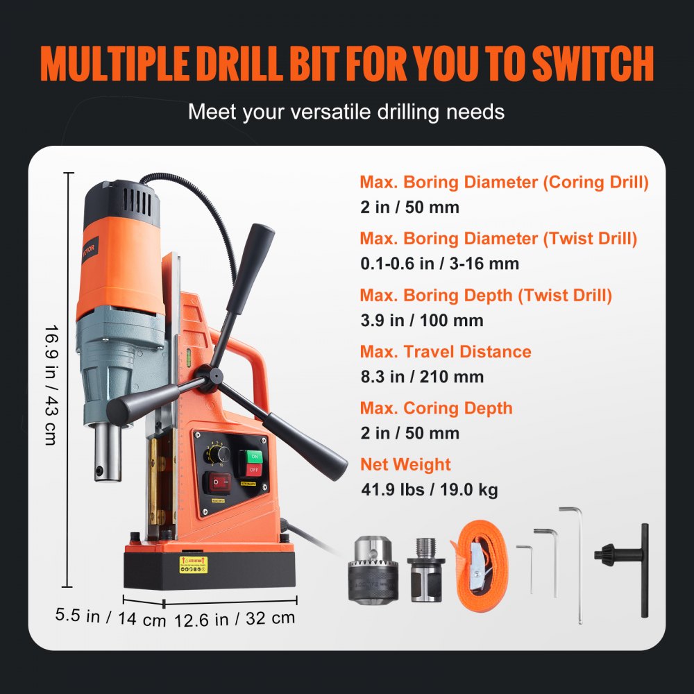 VEVOR Magnetic Drill, 1550W 2" Boring Diameter, 2922lbf/13000N 500 RPM Portable Electric Mag Drill Press with Variable Speed, Drilling Machine for any Surface Home Improvement Industry Railway