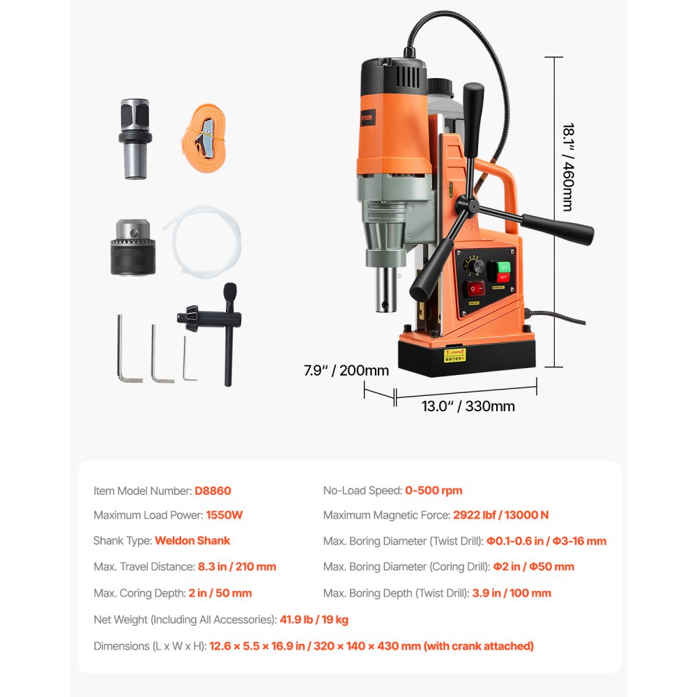 VEVOR Magnetic Drill, 1550W Motor 2 in Boring Diameter, 2922 lbf Portable Electric Mag Drill Press, 0-500 RPM Variable Speed, Drilling Machine for Metal Surface, Industrial and Home Improvement