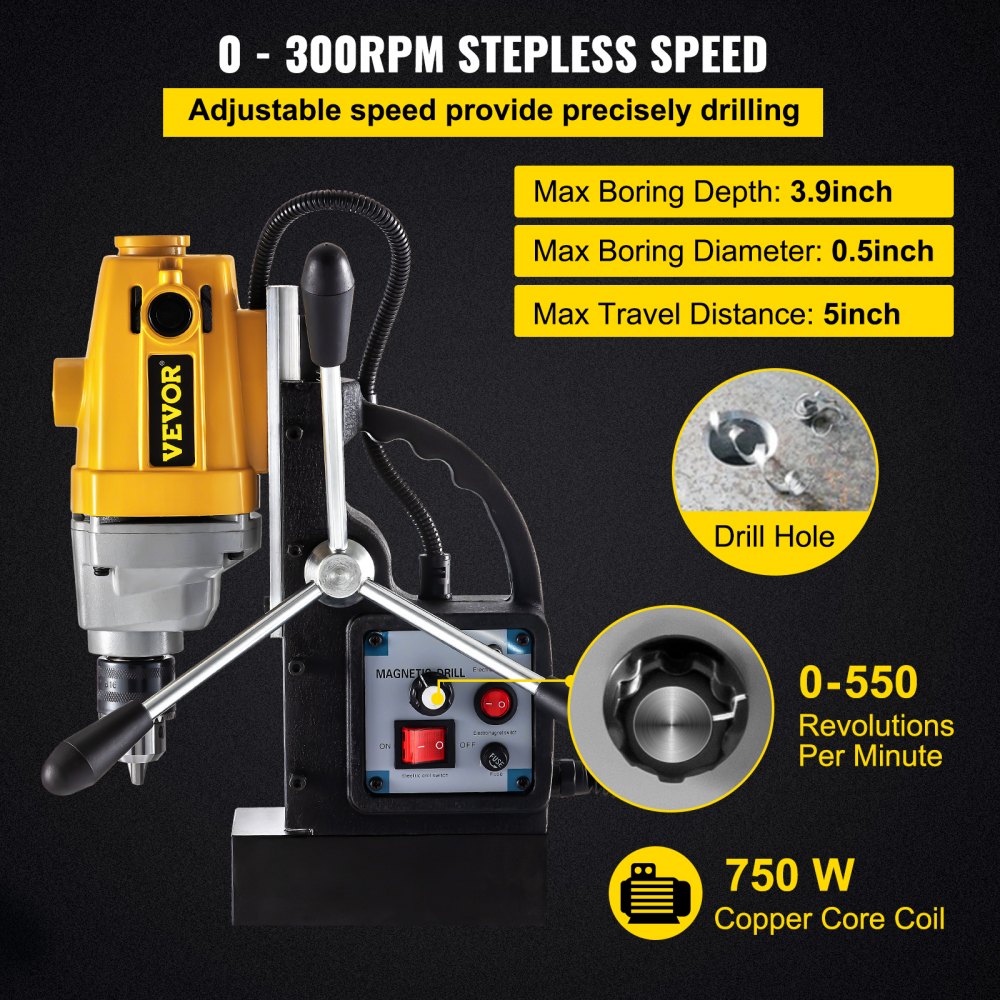 Taladro magnético VEVOR de 750 W con base magnética, diámetro máximo de perforación de 1,27 cm, base de taladro magnético de 890 kg, profundidad máxima de perforación de 9,9 cm, taladro de columna magnético de 110 V, taladro de columna portátil de 550 RPM.