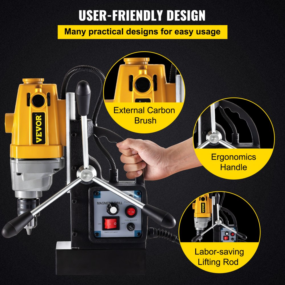 Taladro magnético VEVOR de 750 W con base magnética, diámetro máximo de perforación de 1,27 cm, base de taladro magnético de 890 kg, profundidad máxima de perforación de 9,9 cm, taladro de columna magnético de 110 V, taladro de columna portátil de 550 RPM.