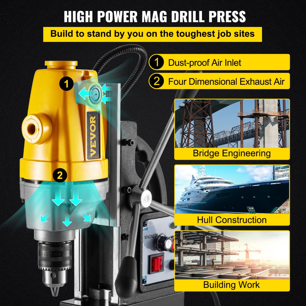 Taladro magnético VEVOR de 750 W con base magnética, diámetro máximo de perforación de 1,27 cm, base de taladro magnético de 890 kg, profundidad máxima de perforación de 9,9 cm, taladro de columna magnético de 110 V, taladro de columna portátil de 550 RPM.