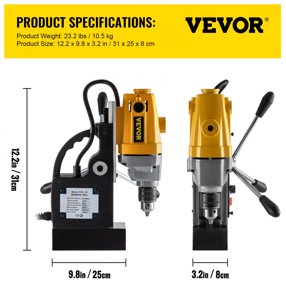 Taladro magnético VEVOR de 750 W con base magnética, diámetro máximo de perforación de 1,27 cm, base de taladro magnético de 890 kg, profundidad máxima de perforación de 9,9 cm, taladro de columna magnético de 110 V, taladro de columna portátil de 550 RPM.