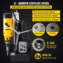 VEVOR Mag Drill, 0-300 RPM Stepless Speed Electromagnetic Drill Press, 2" Depth 2" Dia Magnetic Core Drill, 2922lbf Boring Tool Drill Press, 1680 Watts Drill Press, Yellow and Black Drill Machine