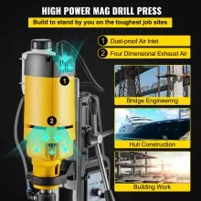VEVOR Mag Drill, 0-300 RPM Stepless Speed Electromagnetic Drill Press, 2" Depth 2" Dia Magnetic Core Drill, 2922lbf Boring Tool Drill Press, 1680 Watts Drill Press, Yellow and Black Drill Machine