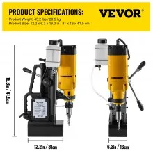 VEVOR Mag Drill, 0-300 RPM Stepless Speed Electromagnetic Drill Press, 2" Depth 2" Dia Magnetic Core Drill, 2922lbf Boring Tool Drill Press, 1680 Watts Drill Press, Yellow and Black Drill Machine