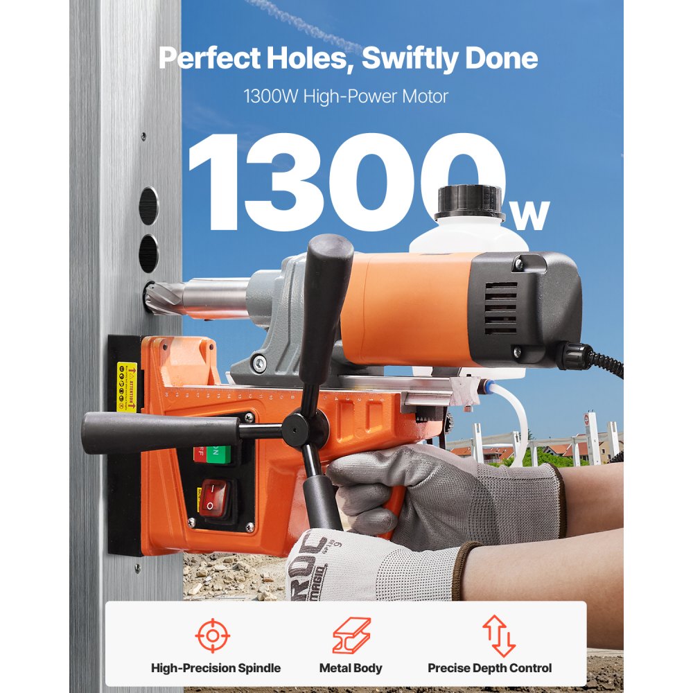 VEVOR Magnetic Drill, 1300W Motor 1.6 in Boring Diameter, 2810 lbf Portable Electric Mag Drill Press, 810 RPM No-Load Speed, Drilling Machine for Metal Surface, Industrial and Home Improvement