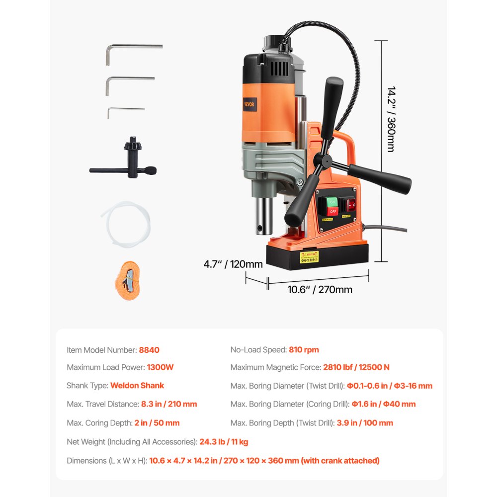 VEVOR Magnetic Drill, 1300W Motor 1.6 in Boring Diameter, 2810 lbf Portable Electric Mag Drill Press, 810 RPM No-Load Speed, Drilling Machine for Metal Surface, Industrial and Home Improvement