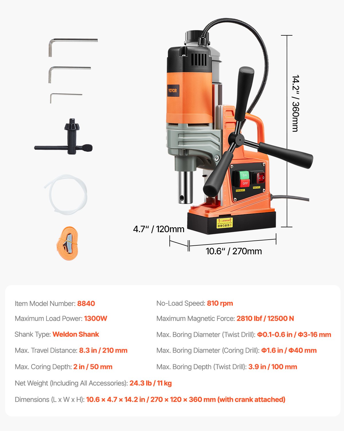 VEVOR Magnetic Drill, 1300W Motor 1.6 in Boring Diameter, 2810 lbf Portable Electric Mag Drill Press, 810 RPM No-Load Speed, Drilling Machine for Metal Surface, Industrial and Home Improvement
