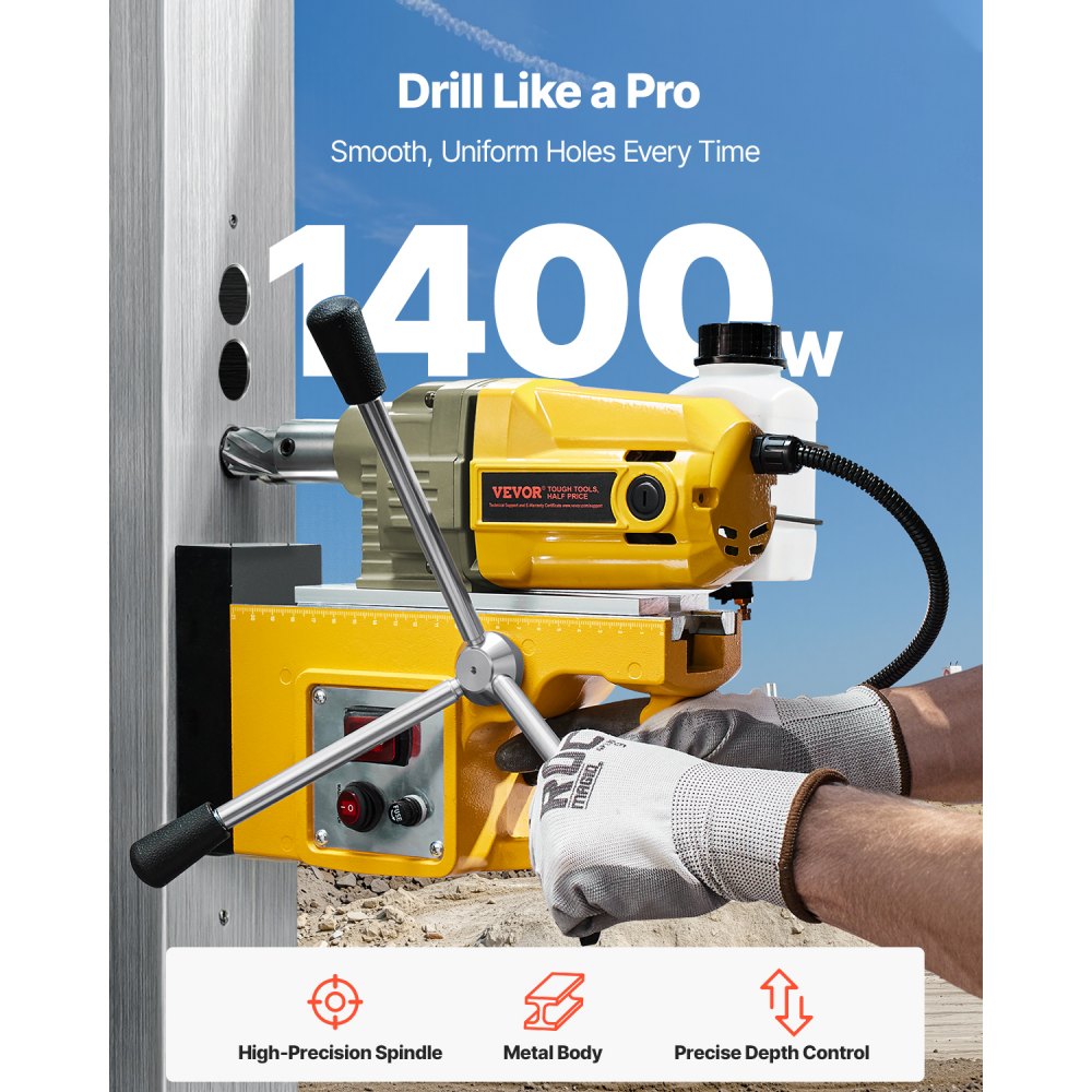 VEVOR Magnetic Drill, 1400W Motor 1.6 in Boring Diameter, 2810 lbf Portable Electric Mag Drill Press, with 11 Coring Bits, 800 RPM Speed, Drilling Machine for Metal Surface, Home Improvement Industry
