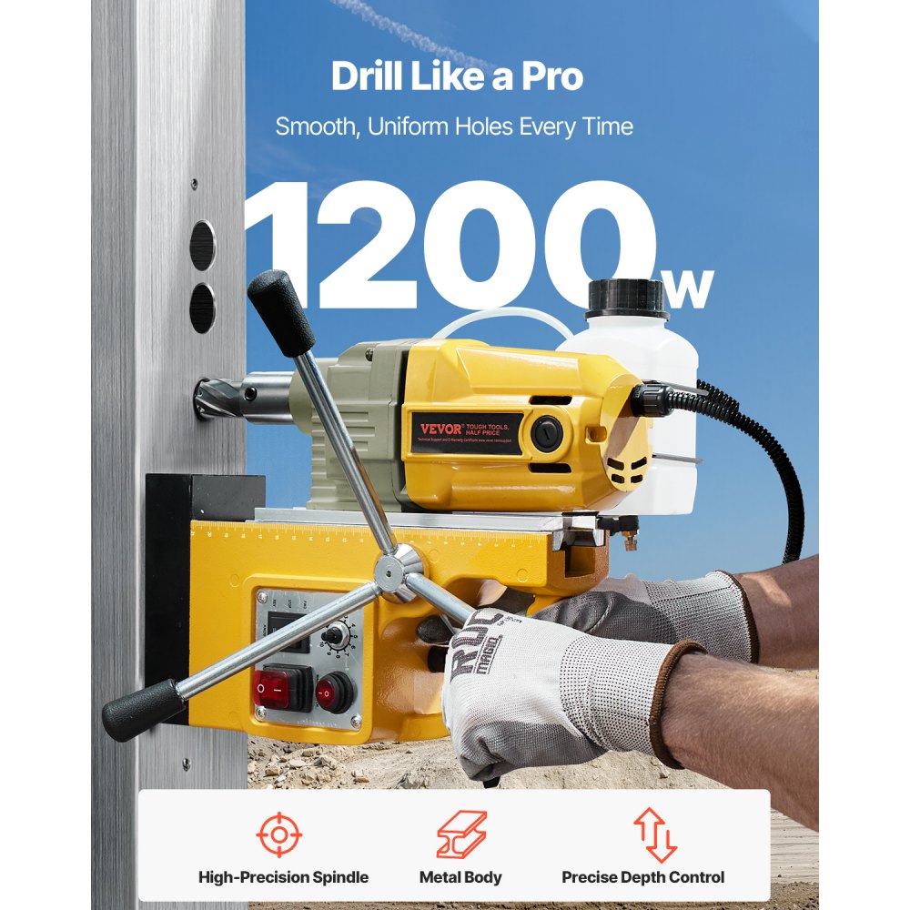 VEVOR Magnetic Drill, 1200W Motor 1.6 in Boring Diameter, 2810 lbf Electric Mag Drill Press, with 2 Coring Bits, Variable Speed, Drilling Machine for Metal Surface, Home Improvement Industry, Yellow