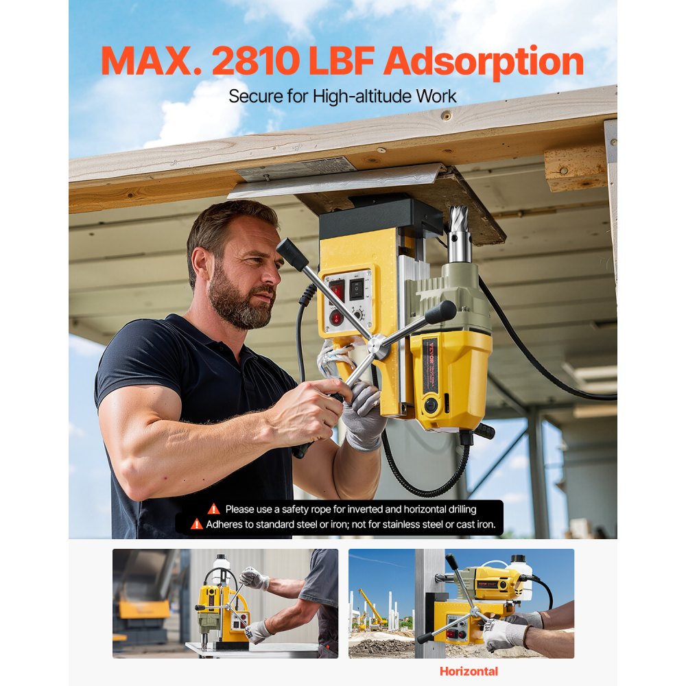 VEVOR Magnetic Drill, 1200W Motor 1.6 in Boring Diameter, 2810 lbf Electric Mag Drill Press, with 2 Coring Bits, Variable Speed, Drilling Machine for Metal Surface, Home Improvement Industry, Yellow