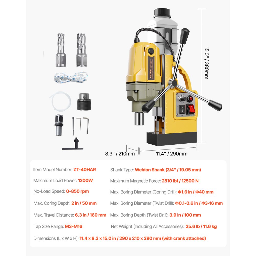 VEVOR Magnetic Drill, 1200W Motor 1.6 in Boring Diameter, 2810 lbf Electric Mag Drill Press, with 2 Coring Bits, Variable Speed, Drilling Machine for Metal Surface, Home Improvement Industry, Yellow