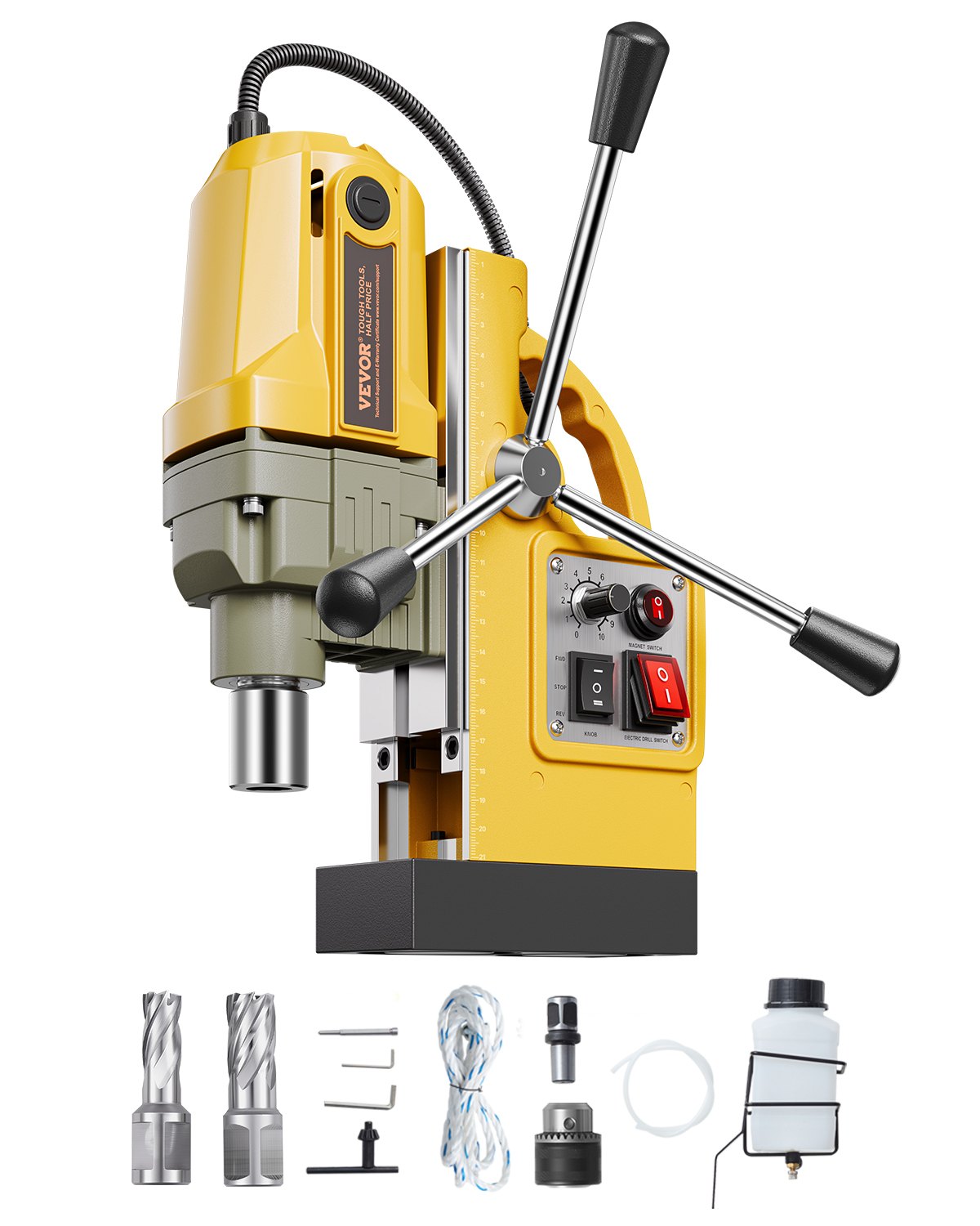 VEVOR Magnetic Drill, 1200W Motor 1.6 in Boring Diameter, 2810 lbf Electric Mag Drill Press, with 2 Coring Bits, Variable Speed, Drilling Machine for Metal Surface, Home Improvement Industry, Yellow