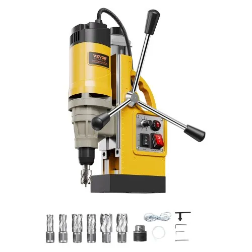 VEVOR Magnetic Drill, 1450W Motor 2 in Boring Diameter, 2878 lbf Electric Mag Drill Press, with 6 Coring Bits, Variable Speed, Drilling Machine for Metal Surface, Home Improvement Industry, Yellow