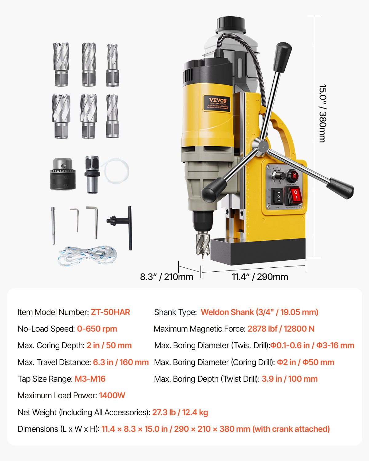VEVOR Magnetic Drill, 1400W Motor 2 in Boring Diameter, 2878 lbf Electric Mag Drill Press, with 6 Coring Bits, Variable Speed, Drilling Machine for Metal Surface, Home Improvement Industry, Yellow