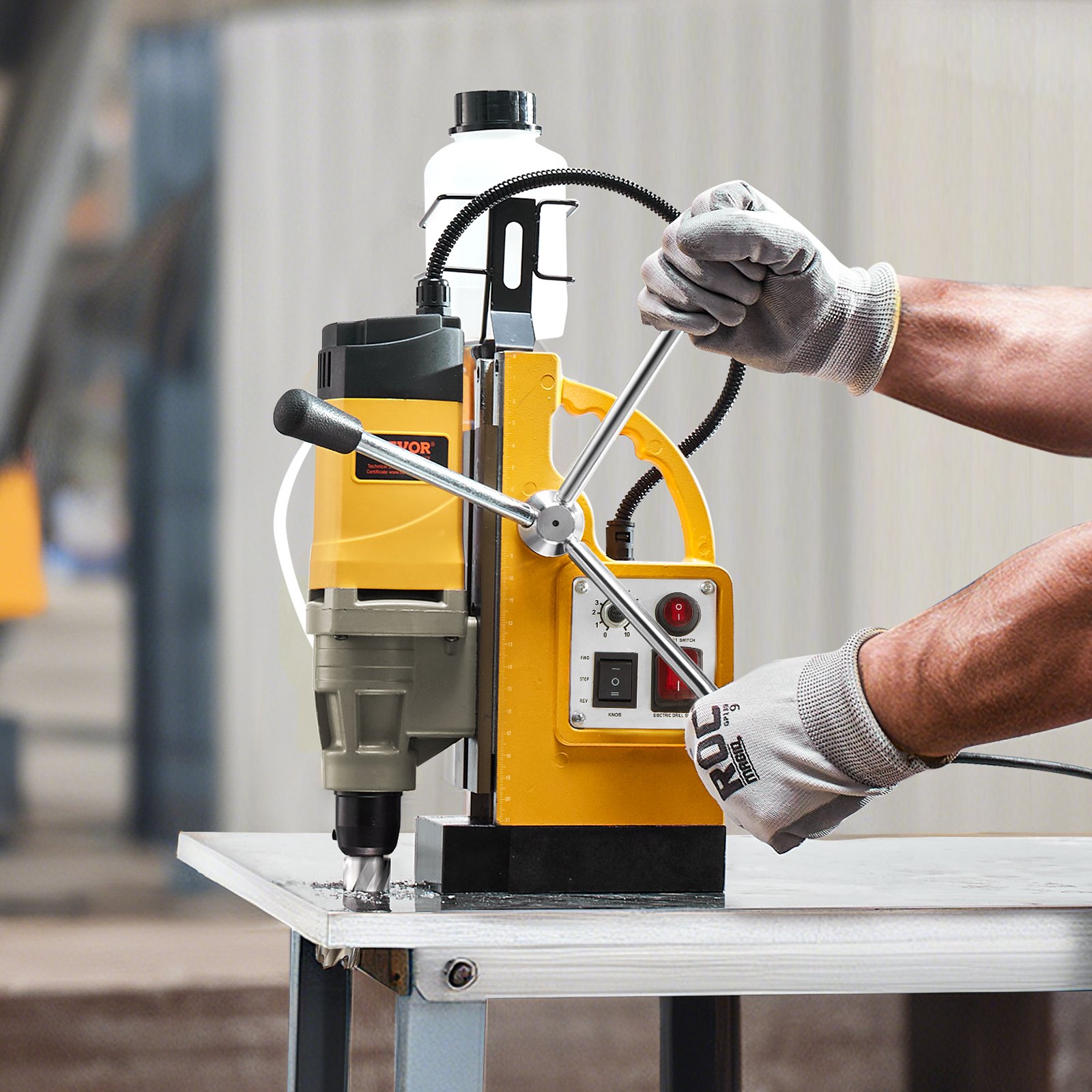 VEVOR Magnetic Drill, 1400W Motor 2 in Boring Diameter, 2878 lbf Electric Mag Drill Press, with 6 Coring Bits, Variable Speed, Drilling Machine for Metal Surface, Home Improvement Industry, Yellow