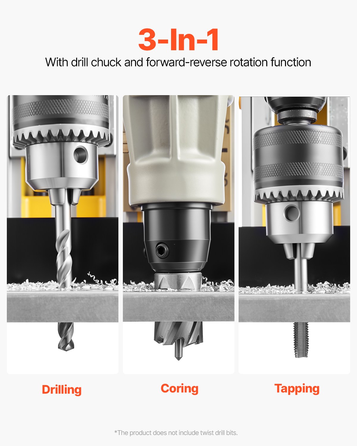 VEVOR Magnetic Drill, 1400W Motor 2 in Boring Diameter, 2878 lbf Electric Mag Drill Press, with 6 Coring Bits, Variable Speed, Drilling Machine for Metal Surface, Home Improvement Industry, Yellow
