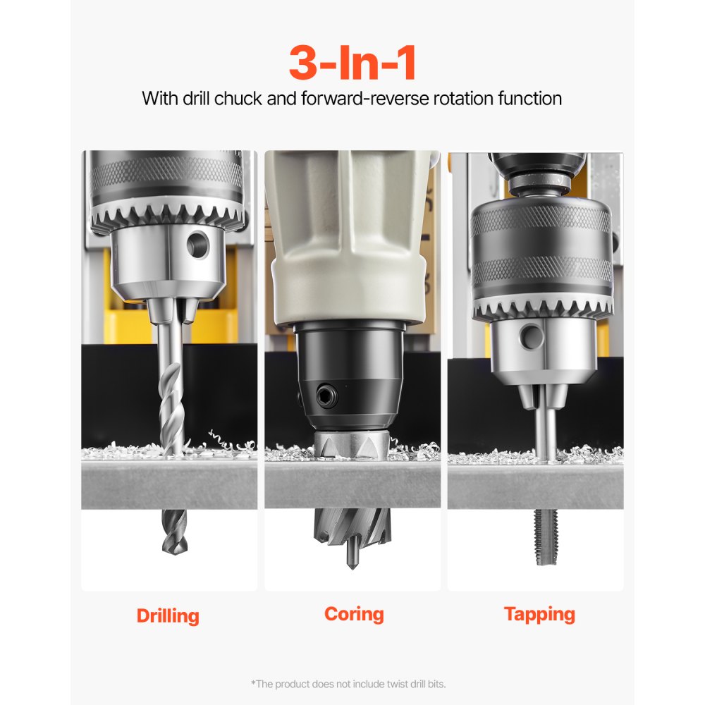 VEVOR Magnetic Drill, 1400W Motor 2 in Boring Diameter, 2878 lbf Electric Mag Drill Press, with 6 Coring Bits, Variable Speed, Drilling Machine for Metal Surface, Home Improvement Industry, Yellow