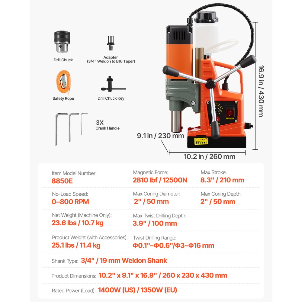 VEVOR Magnetic Drill Press, 1350 W, 50 mm Boring Diameter, 12500N Power Portable Mag Drill Press, 0–800 RPM Adjustable Speed, with Weldon Shank, for Metal Surface, Industrial and Home Improvement