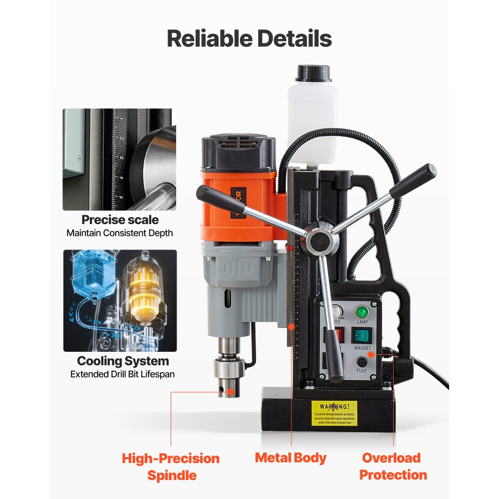 VEVOR Magnetic Drill Press, 1500 W, 60 mm Boring Diameter, 13000N Power Mag Drill Press, 0-600 RPM Adjustable Speed, Morse Taper, M3-M16 Tapping, for Metal Surface, Industrial and Home Improvement