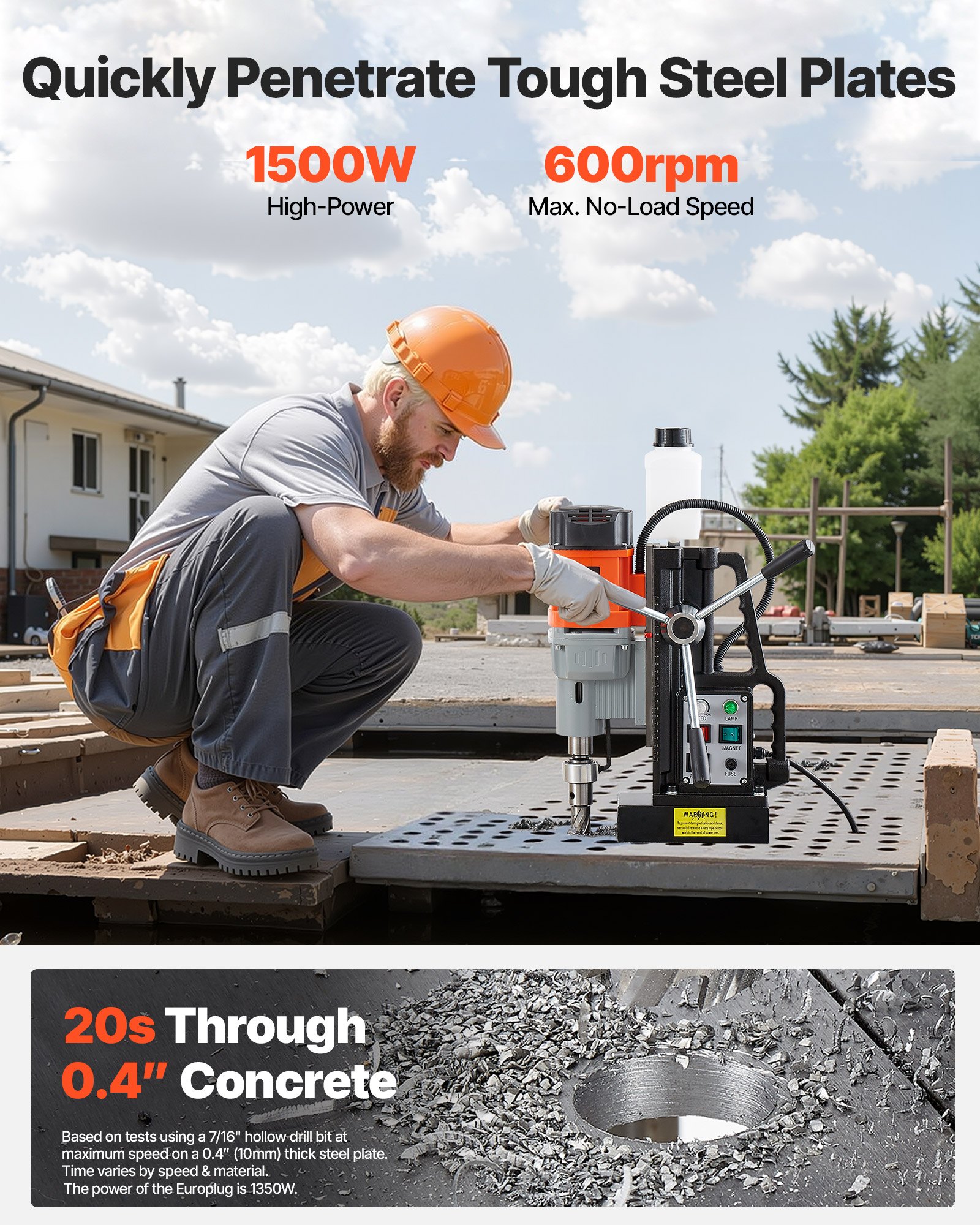 VEVOR Magnetic Drill Press, 1500 W, 60 mm Boring Diameter, 13000N Power Mag Drill Press, 0-600 RPM Adjustable Speed, Morse Taper, M3-M16 Tapping, for Metal Surface, Industrial and Home Improvement